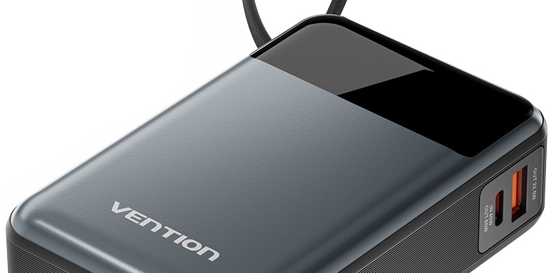 Vention 20000mAh Power Bank (USB-C + USB-C/USB-A) with Built-in USB-C Cable 65W Black LED Display Ty
